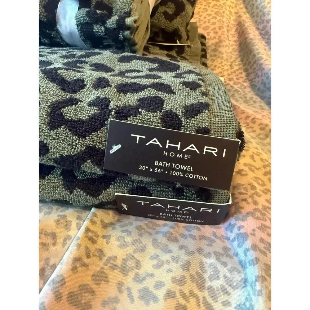 Tahari Home 10-Piece Leopard Print Towel Set reversable Green 100% Cotton New